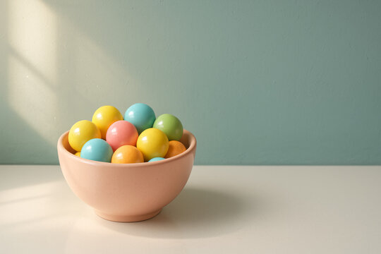 Soft Lighting and Minimalist Style: Pastel Spheres in a Ceramic Bowl Still Life v2