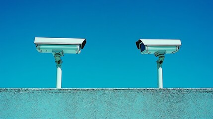 Two security cameras mounted on a wall against a clear blue sky.