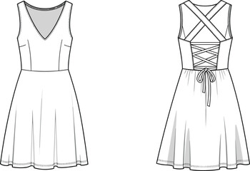 Sleeveless skater dress fashion flat sketch, front and back view, lace-up back detail, V-neck design, vector template, technical drawing. © Sagor Creatives