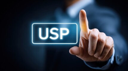 Businessman Highlighting Unique Selling Proposition in Dark Environment