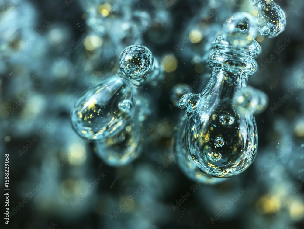 Poster a close up shot showing multiple water droplets with a blurred background and internal reflections