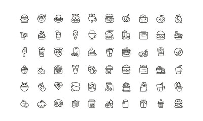 A  collection of thin line vector illustration icons in black different food-related concepts, such as burgers, fruits, drinks, meals, easily editable and scalable.