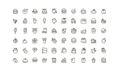 A  collection of thin line vector illustration icons in black different food-related concepts, such as burgers, fruits, drinks, meals, easily editable and scalable.
