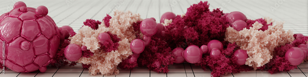Poster close up of pink textured structures and spheres on a gridded white surface in a studio setting