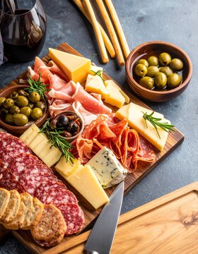 Argentinean Picada Board with Meats, Cheese, and Olives