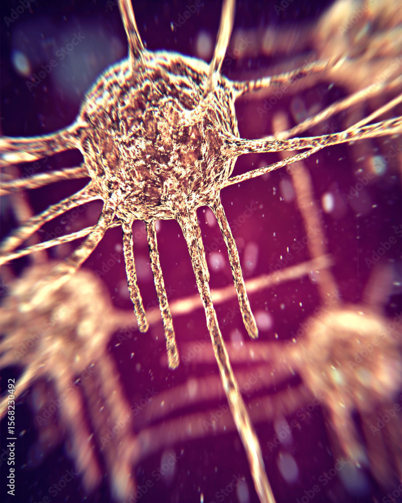 Poster close up view of a nerve cell with dendrites extending out on a purple and blurry background