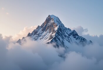 Fototapeta premium Close up Snowy Mountain Peak Emerging from Clouds
