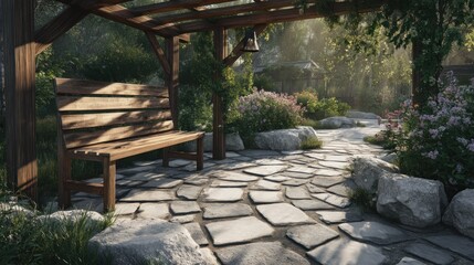 Wooden bench in a sunny garden peaceful place