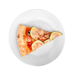One slice of vegetarian pizza with zucchini on a white plate. Isolated on white background.