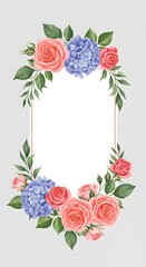 Elegant Watercolor Floral Frame with Pink Roses and Blue Hydrangeas. Botanical Border for Wedding Invitations, Greeting Cards, or Text Space.
