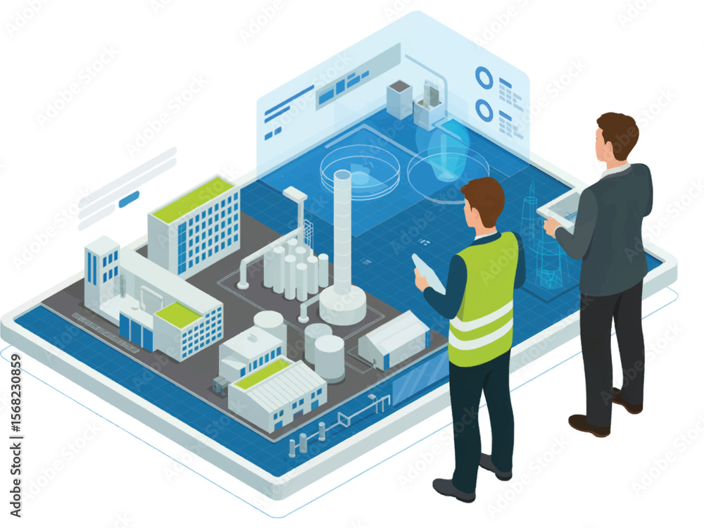 Poster two engineers in a modern factory observing a holographic projection of industrial plant operations 