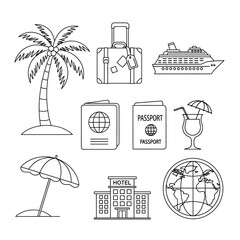 Line art depicting travel and vacation related icons in black and white
