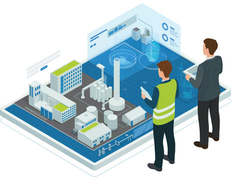 Two engineers in a modern factory observing a holographic projection of industrial plant operations and data analytics isolated on white background