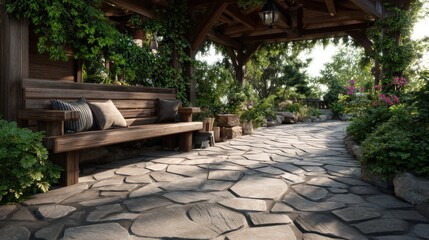 Rustic pergola with garden path and bench