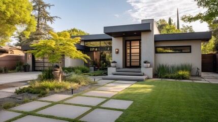 Modern house exterior with landscaping