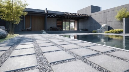 Modern minimalist patio with swimming pool and contemporary house