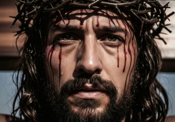 Portrayal of sacrifice and suffering in Jesus Christ's final moments with crown of thorns