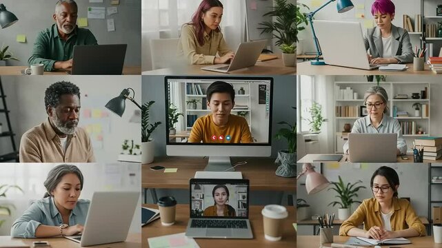 Diverse group engaged in video conference work session