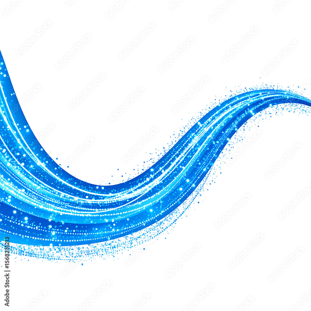 Poster light blue sparkle trail with flowing lines and tiny glowing particles on transparent background