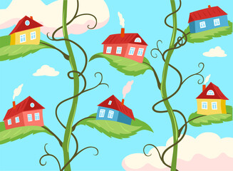 Cute, bright houses stand on fresh green leaves of climbing plants. against a blue sky with clouds. Vector conceptual illustration. Environmental housing, conservation.