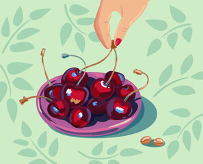 The hand takes the cherries from the saucer. Vector art illustration.