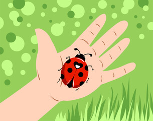 A child's hand holds a ladybug against a green grass background. Vector illustration.