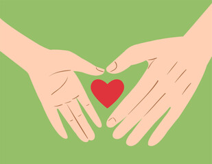 The hand is small and the hand is large reaching for the heart on a green background. Vector conceptual illustration. Love, care, health protection. 