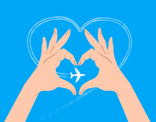 Hands are enclosed in a gesture of the heart flying through the bright blue sky. Vector conceptual illustration. Travel, tourism, flights.