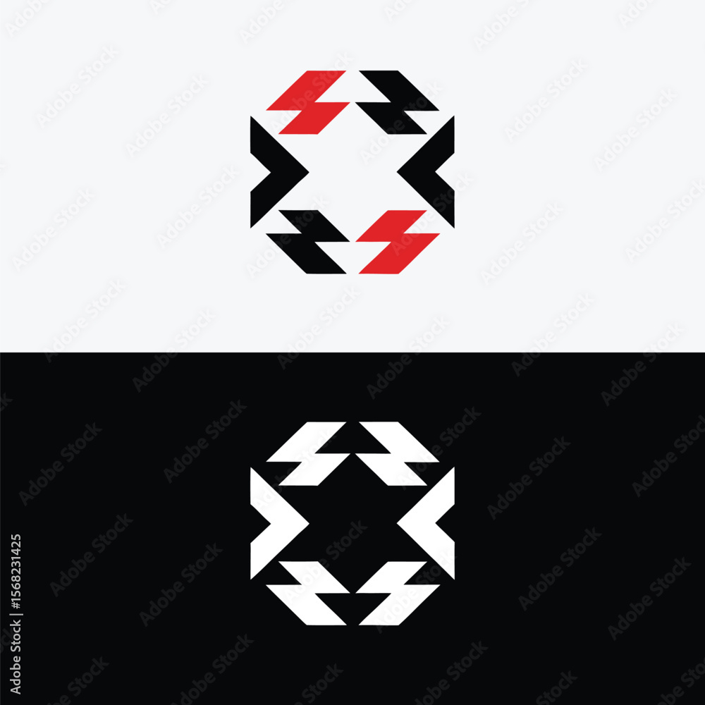 Aufkleber a geometric abstract logo design with red and black arrows is isolated on a split background