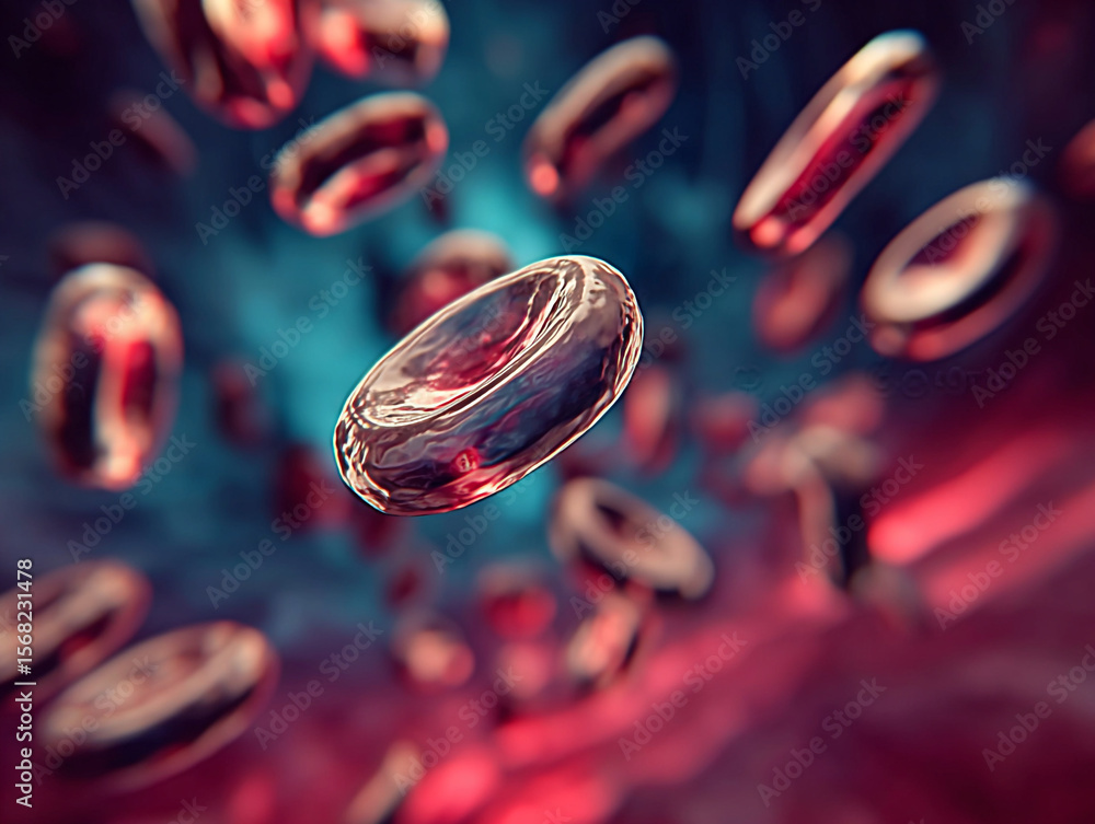 Poster close up view of red blood cells flowing in a vein with a blue and red gradient background