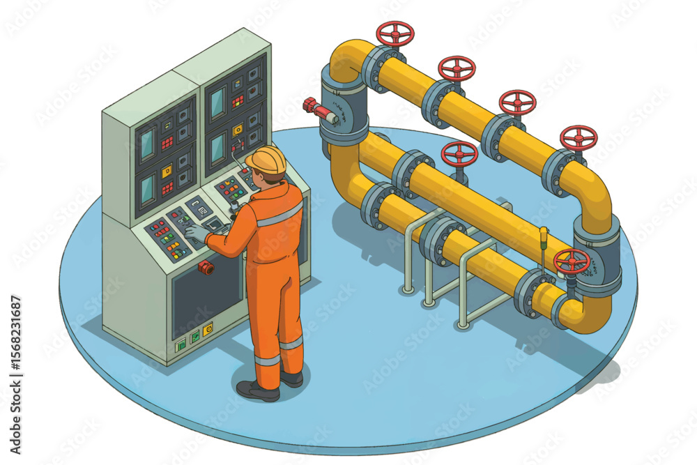 Aufkleber industrial worker in orange uniform operating a control panel next to a complex system of yellow pip