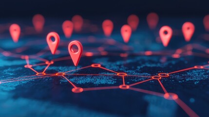 Abstract geolocation concept with digital map texture, connected pins across continents, clean data-driven design