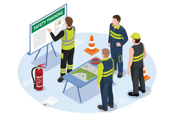 Diverse group of workers in safety vests and hard hats attending a safety training session with a presentation board and fire extinguisher isolated on white background