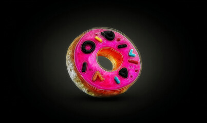 A vibrant donut with pink frosting and colorful sprinkles on a dark background with glow effects