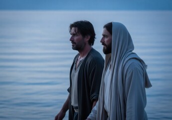 Fototapeta premium Jesus Christ with his disciple walk along the serene sea contemplating creation