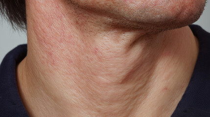 Obraz premium Close up of male neck showing stretched skin and visible lymph node area with slight redness and facial hair stubble, highlighting natural skin texture and detail