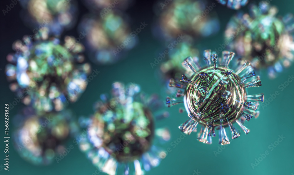 Poster microscopic view of multiple virus particles with spikes on a green and blue gradient background