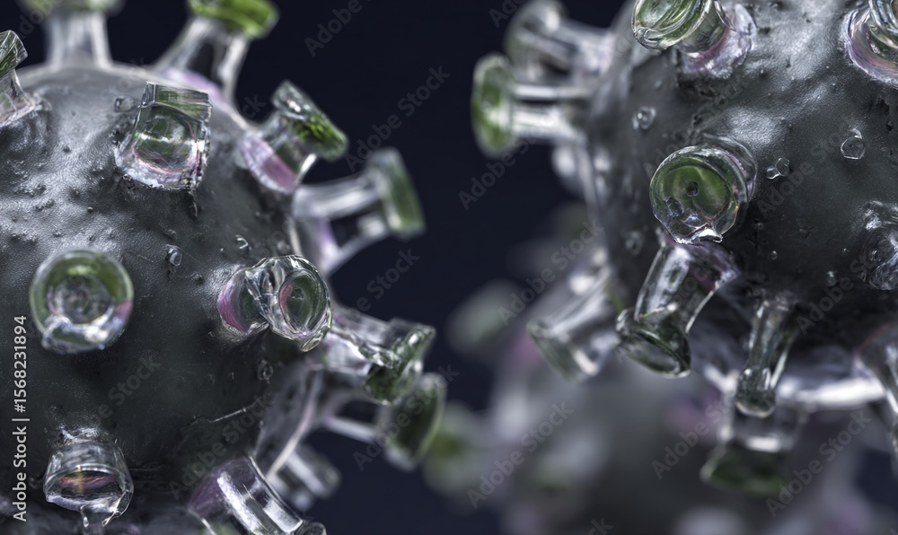 Poster close up view of two microscopic virus cells with green and clear spikes on a dark background