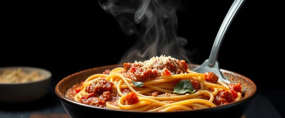 Steaming spaghetti bolognese in rich sauce, black background,   black,  sauce