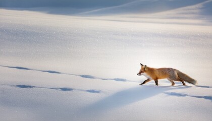 Fototapeta premium fox trotting across snow covered field leaving paw prints behind clean minimalism winter light graceful alertness