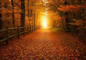 Autumn Path, Radiant Light Guides Through Fallen Leaves and Golden Trees.