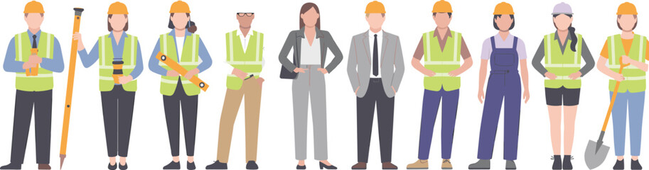 Construction team illustration, diverse workers vector, engineers and builders, safety gear, hard hats, professional characters, teamwork concept, flat design people, industry art