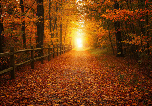 Autumn Path, Radiant Light Guides Through Fallen Leaves and Golden Trees.