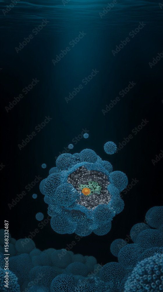 Poster an abstract rendering of a cellular structure with blue spheres and an orange center in dark space