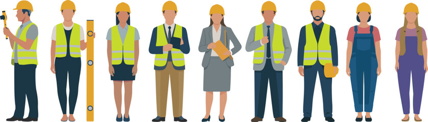 Team of construction workers and engineers wearing safety vests and helmets, diverse professionals, industrial teamwork, architecture staff, building industry illustration