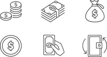 Stacked coins dollar bills money bag single coin hand holding bill wallet finance currency