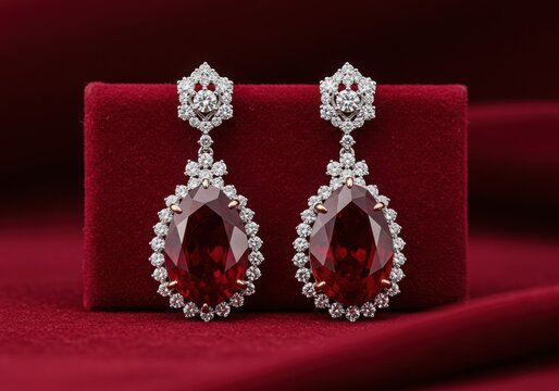 Exquisite pear shaped ruby and diamond drop earrings isolated on white background