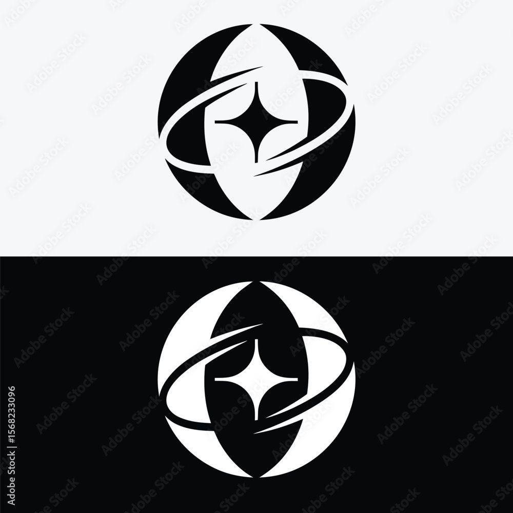 Poster a modern abstract logo design with a star and orbiting circles is isolated on white background