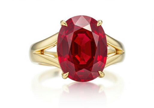 Elegant oval ruby gemstone ring set in polished yellow gold isolated on white background