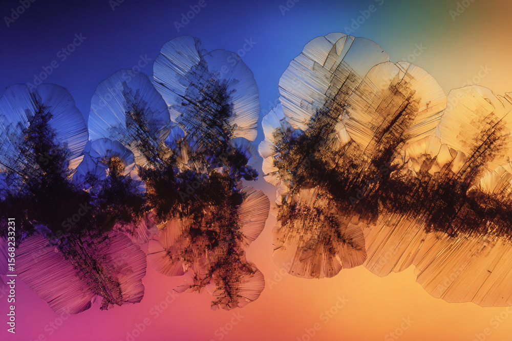 Poster abstract image showing crystal formations with blue purple and orange gradient background design